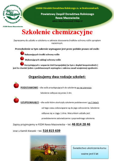 Szkolenie chemizacyjne Powiatowy Zespół Doradztwa Rolniczego w Rawie Mazowieckiej zaprasza na szkolenia chemizacyjne w...